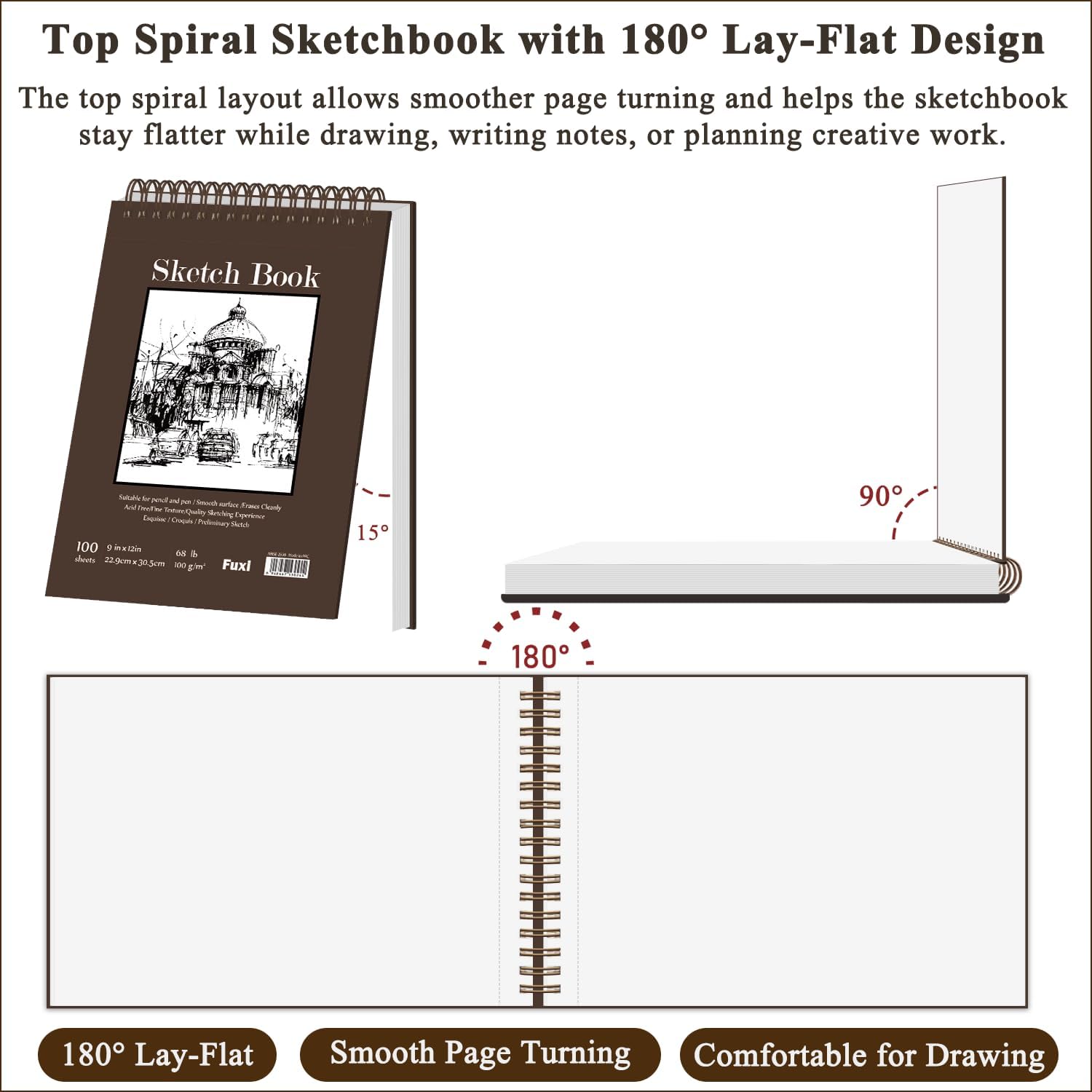 Fuxi 9 x 12 Sketch Book. Top Spiral Bound Sketch Pad. 100 Sheets 68lb/100gsm Acid-Free Drawing Paper. Art Sketchbook for Drawing Pad for Kids Artists & Beginners Professional Art Supplies for Adults - Image 3